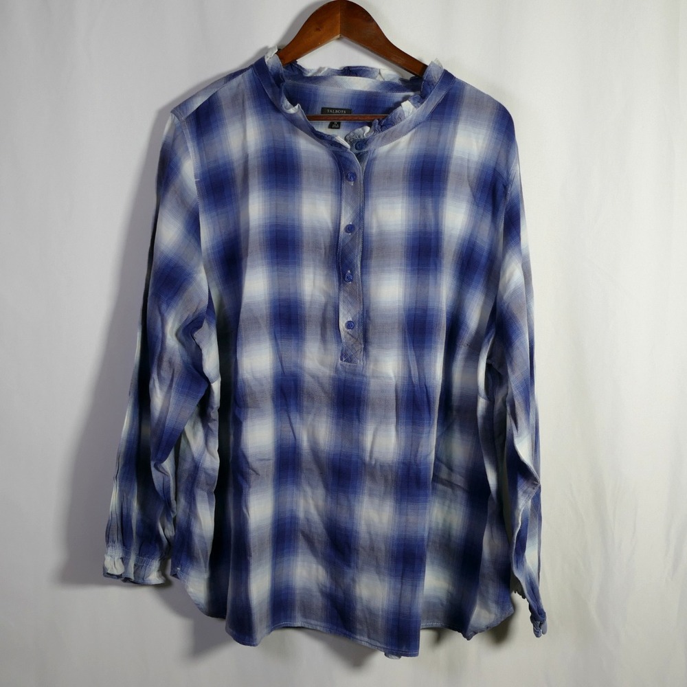 Talbots Country Long Sleeve Plaid Popover Top Size 3X Ruffle Western Ranch Rodeo